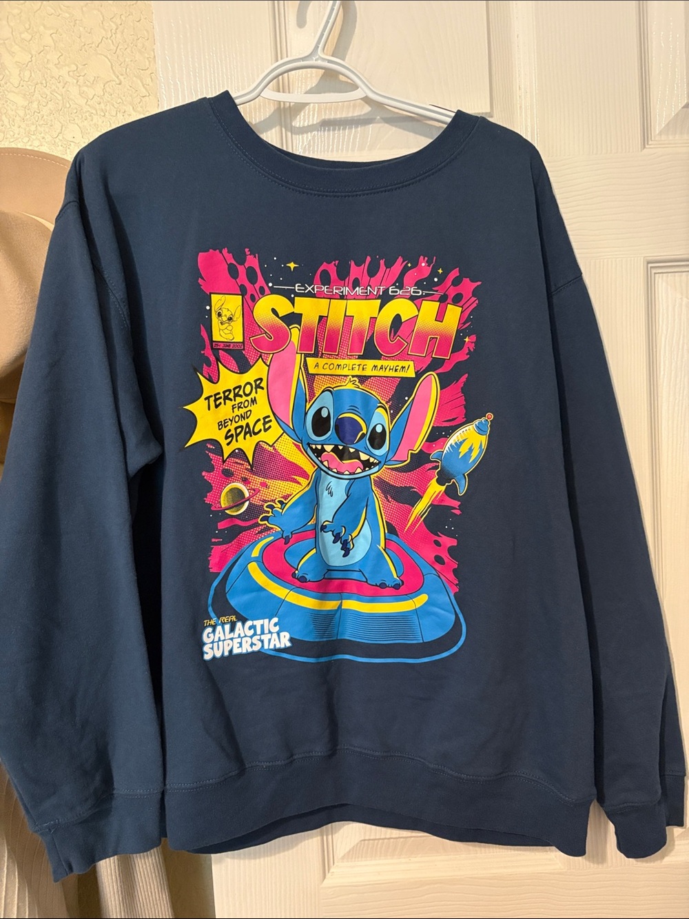 Disney Stitch Navy Blue Graphic Sweatshirt - Neon Pink, Yellow & Blue